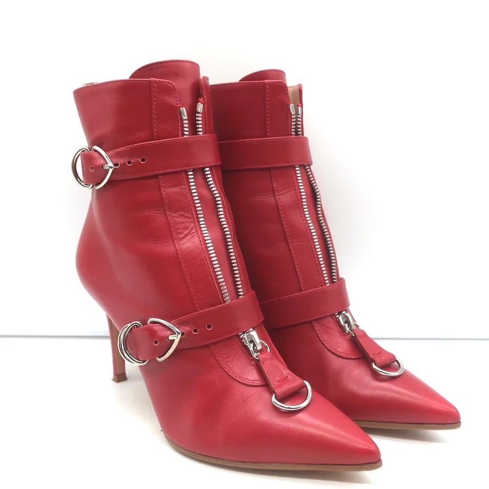 GIANVITO ROSSI Zip‎ Front Buckle Ankle Boots 37.5 7.5 Red Leather Stiletto Moto
